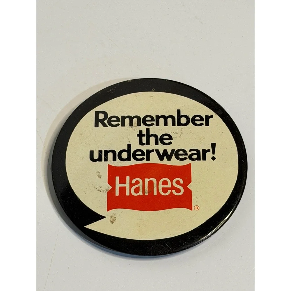 VTG Hanes Pinback Button‎ Black White Red Remember the Underwear Promo Pin Retro